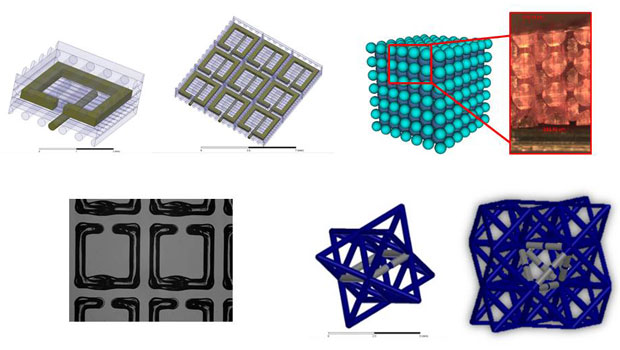 Adding novel electromagnetic and mechanical properties to integrated materials using three-dimensional printing. a single-cell design of an anisotropic negative-index-of-refraction metamaterial (an artificial material with properties not found in nature) is shown top left, with a view of how multiple assembled cells fit together (top middle). silver-filled silicone (conducting) is seen as the darker (green) color, with silicone filaments for structural support shown in the lighter shade. the printed split-r